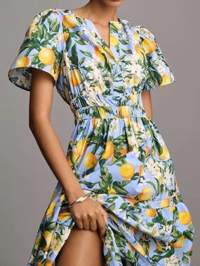 Anthropologie Somerset Cotton Maxi Dress Yellow Blue Lemon Print XS